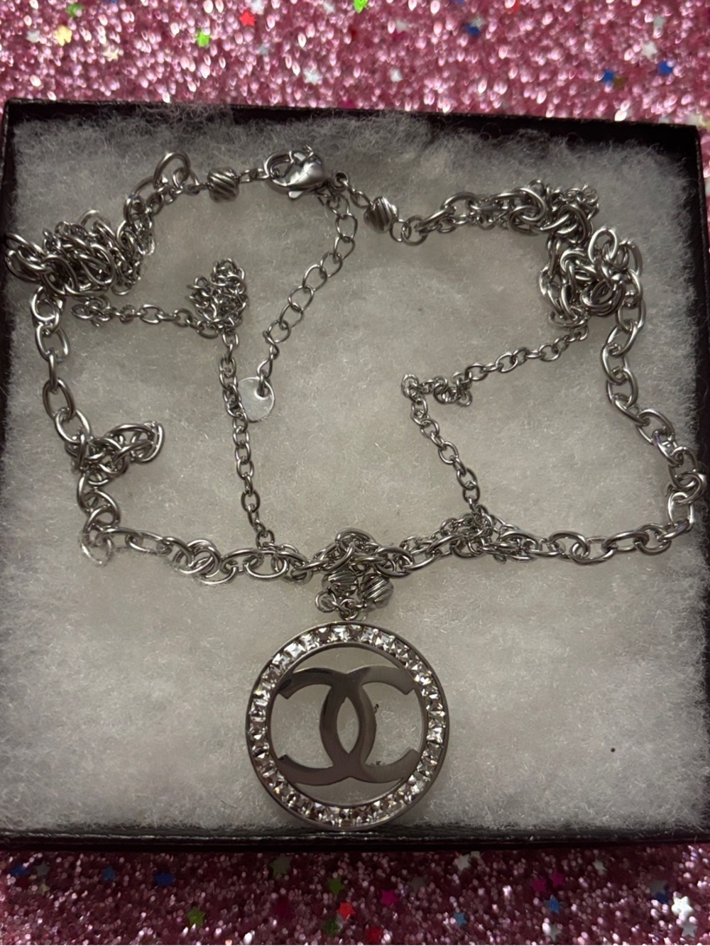 Double Chain CC Diamond & Silver Circle Pendant Necklace